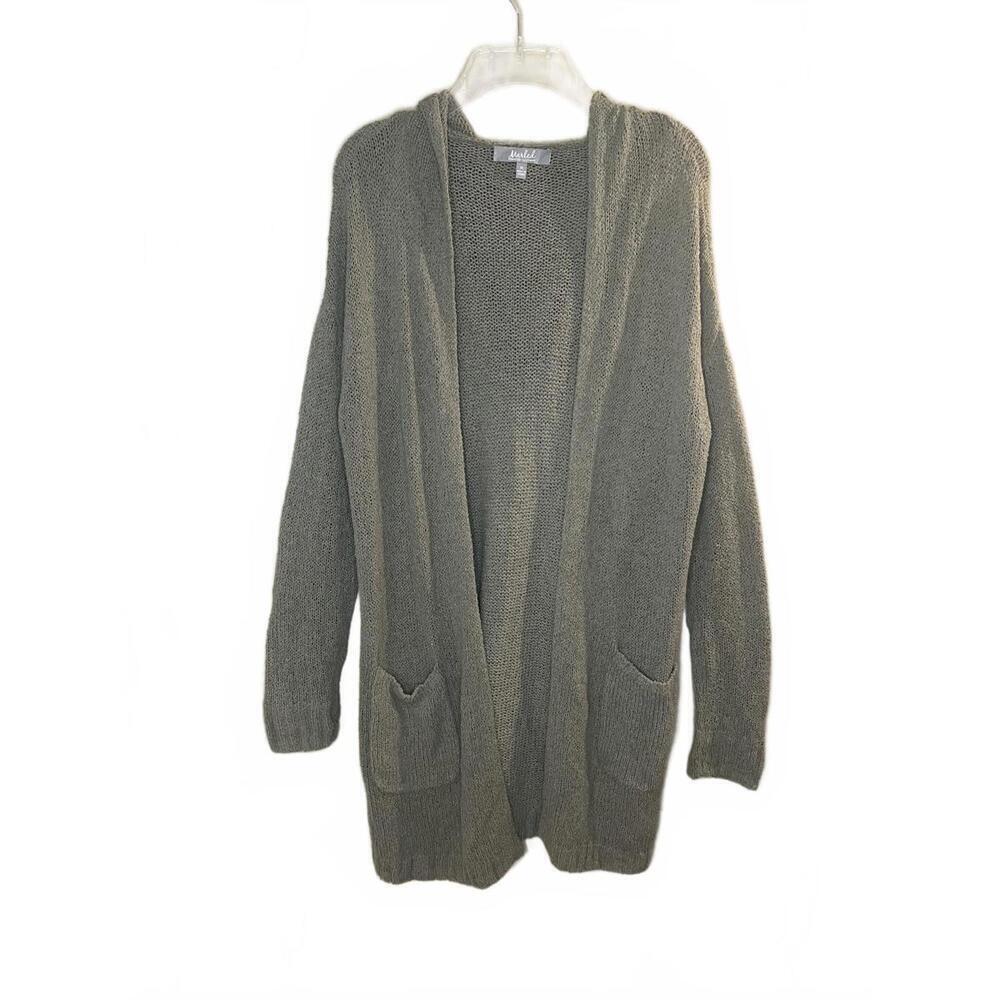 Marled Olive Green Cotton Open Front Hooded Cardigan Sweater Pockets Size Medium